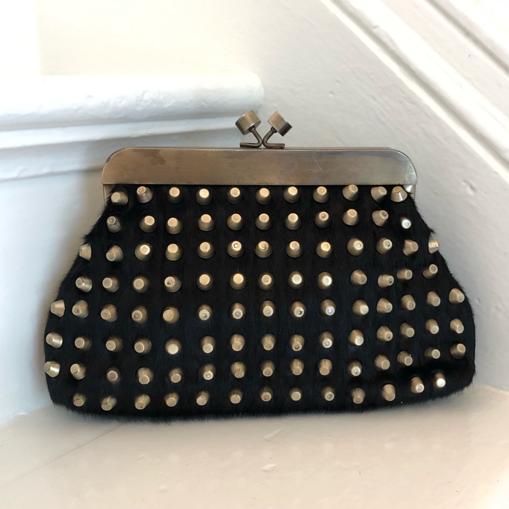 Black (faux) pony hair and brass stud clutch